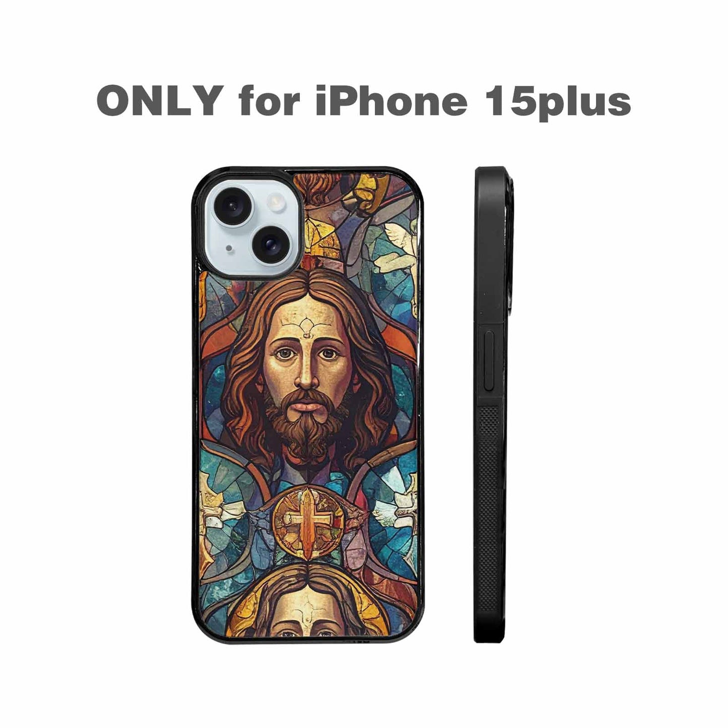iPhone 15 Plus Case — Jesus Face Small Cross And Faith, Custom Printed Phone Case