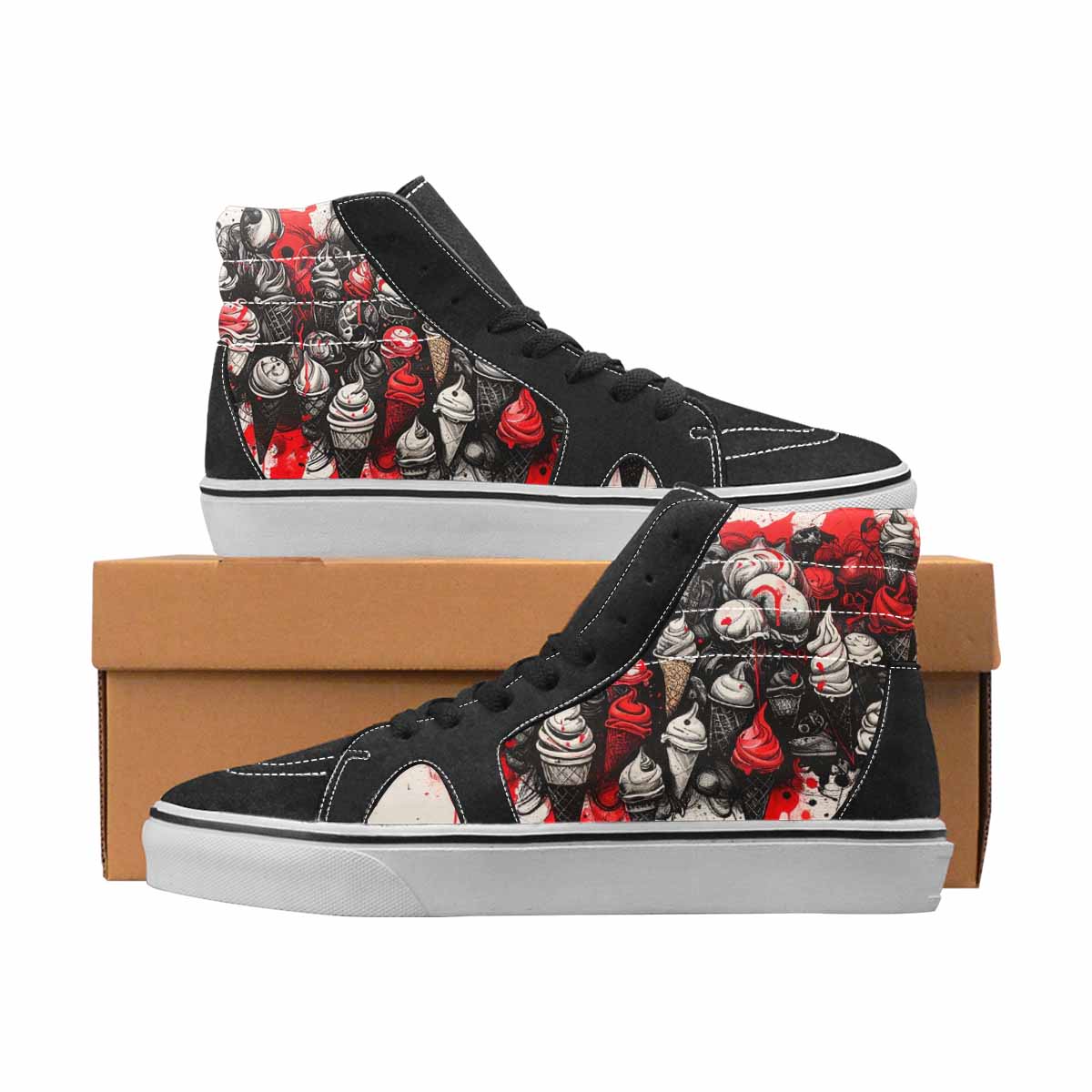 WOMEN'S Ice Cream Black & Red Ink High Top Canvas Wearable Art Grunge Custom Canvas Shoes