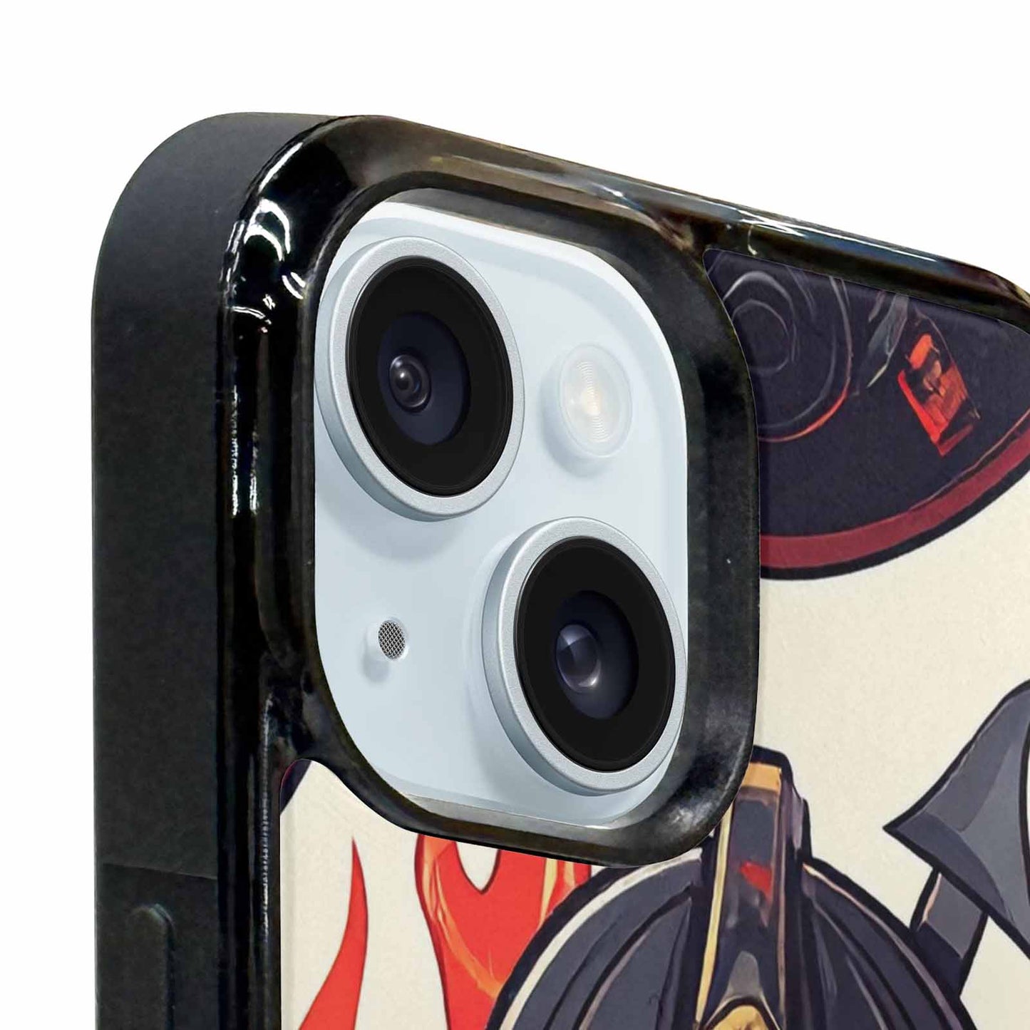 iPhone 15 Plus Case — Firefighter Pattern Flames Axes Helmets Seamless, Custom Made Phone Cover