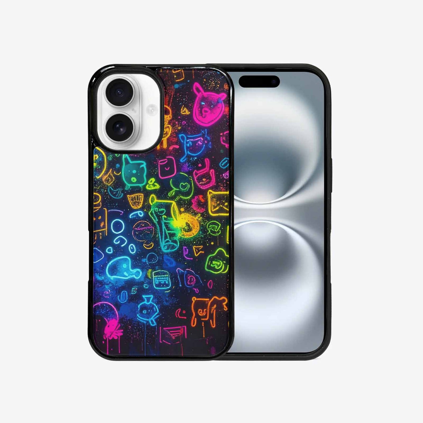 iPhone 16 Case — Neon Glow Outline Icon Pattern Hundreds, Custom Printed Phone Case