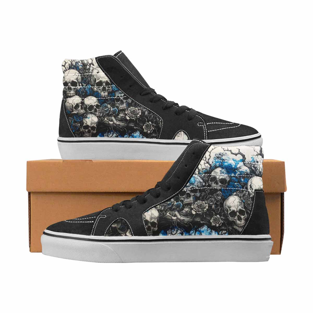 WOMEN'S Skulls Black & Blue Ink High Top Canvas Wearable Art Cottagecore Custom Shoes