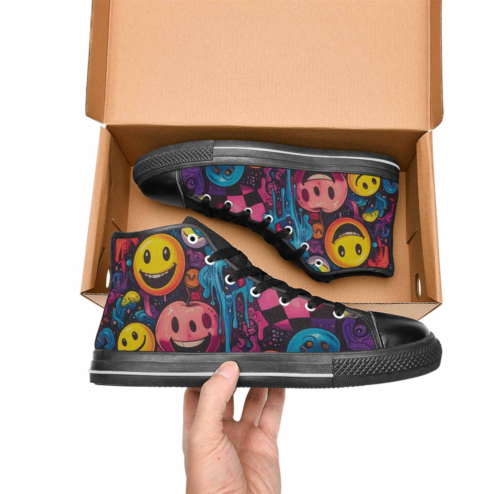 MEN'S Yellow Smiley Face High Top Canvas Neon Fantasy Custom Shoes