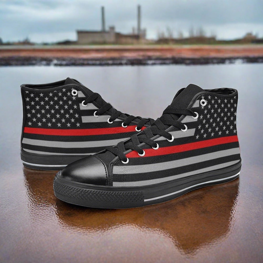 Custom Women's Thin Red Line Flag high-top canvas shoes with bold all-over art — Freaky Shoes