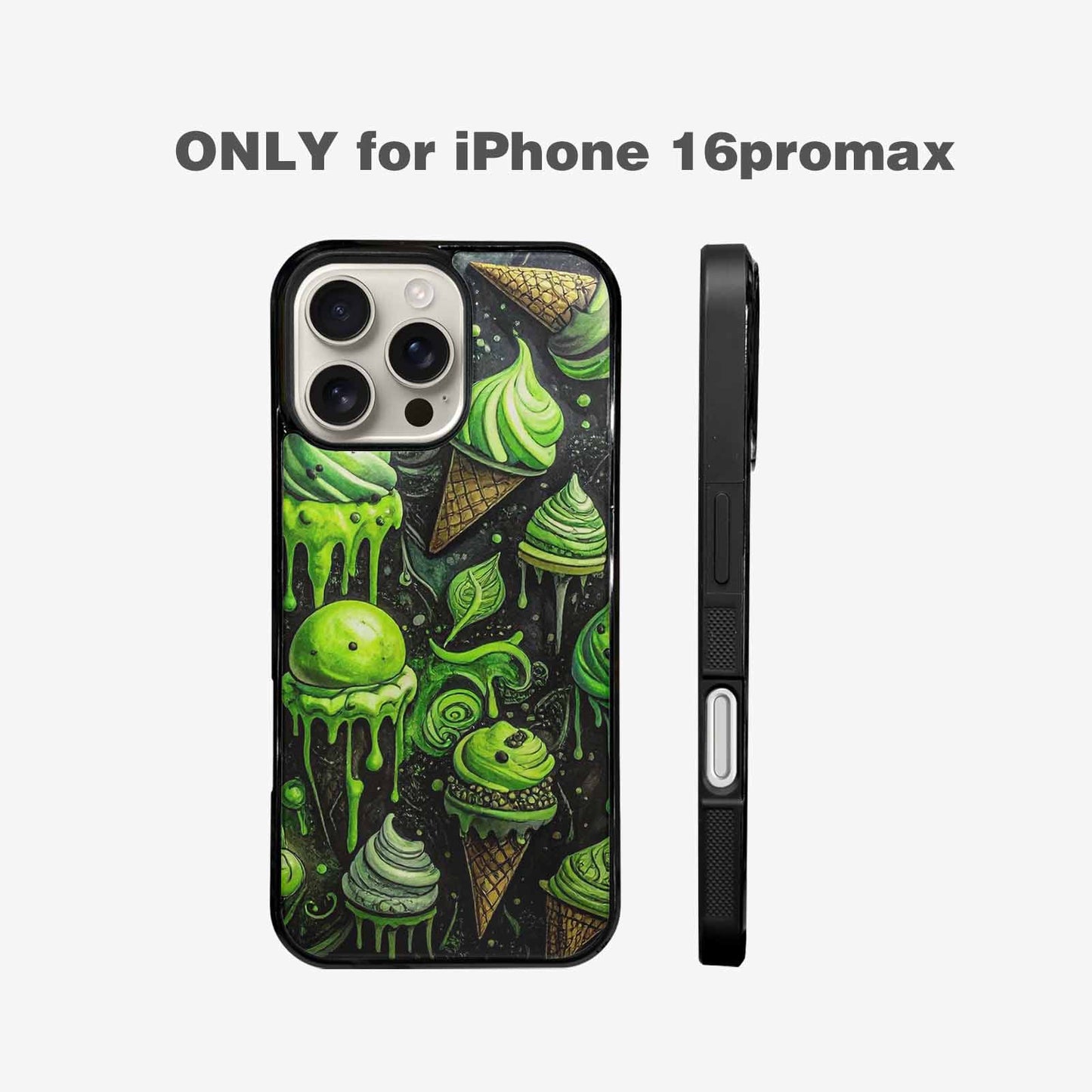 iPhone 16 Pro Max Case — Ice Cream Motif Black Green Ink, Custom Designed Case Cover