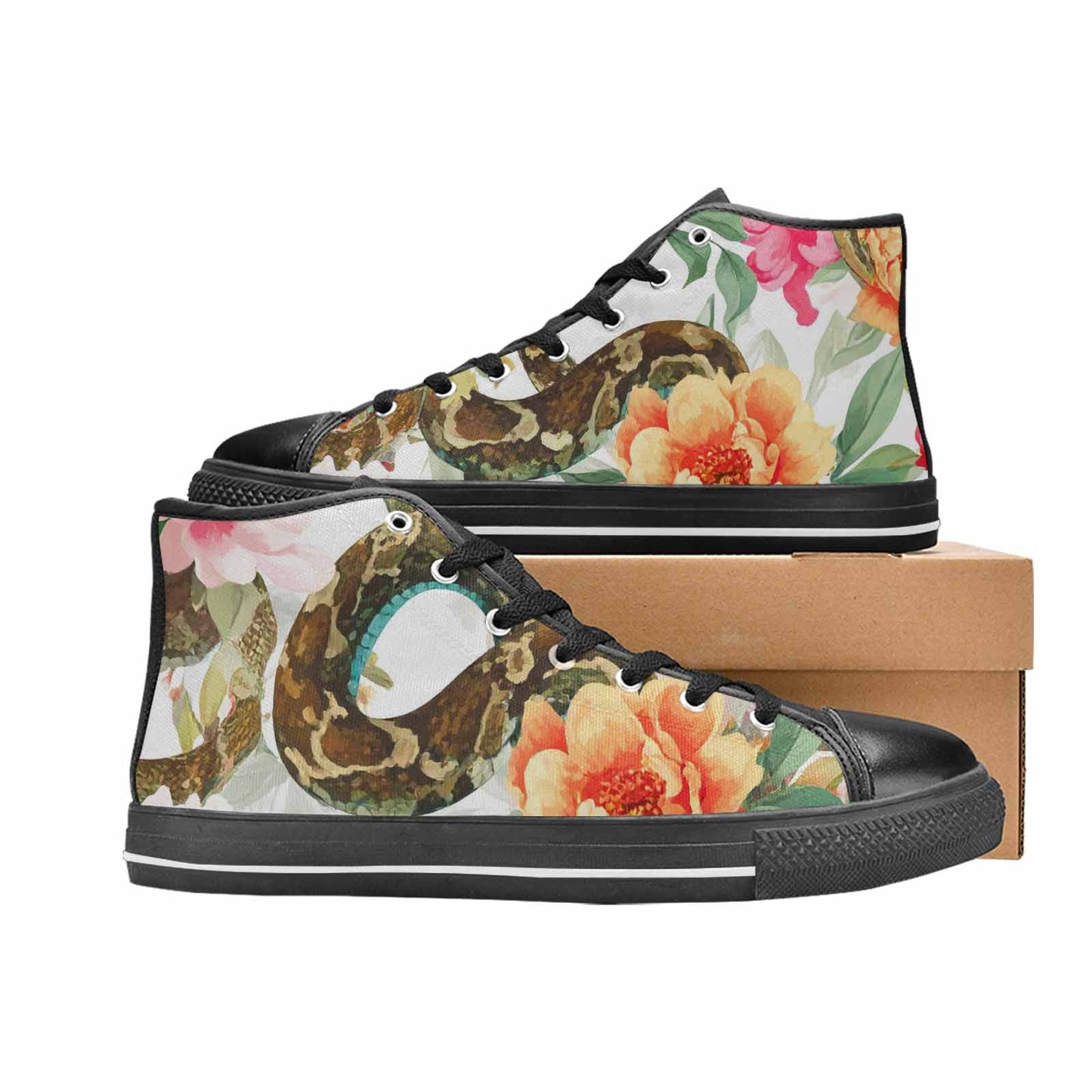 WOMEN'S Floral Snake Print High Top Canvas Vibrant Chaos Custom Shoes