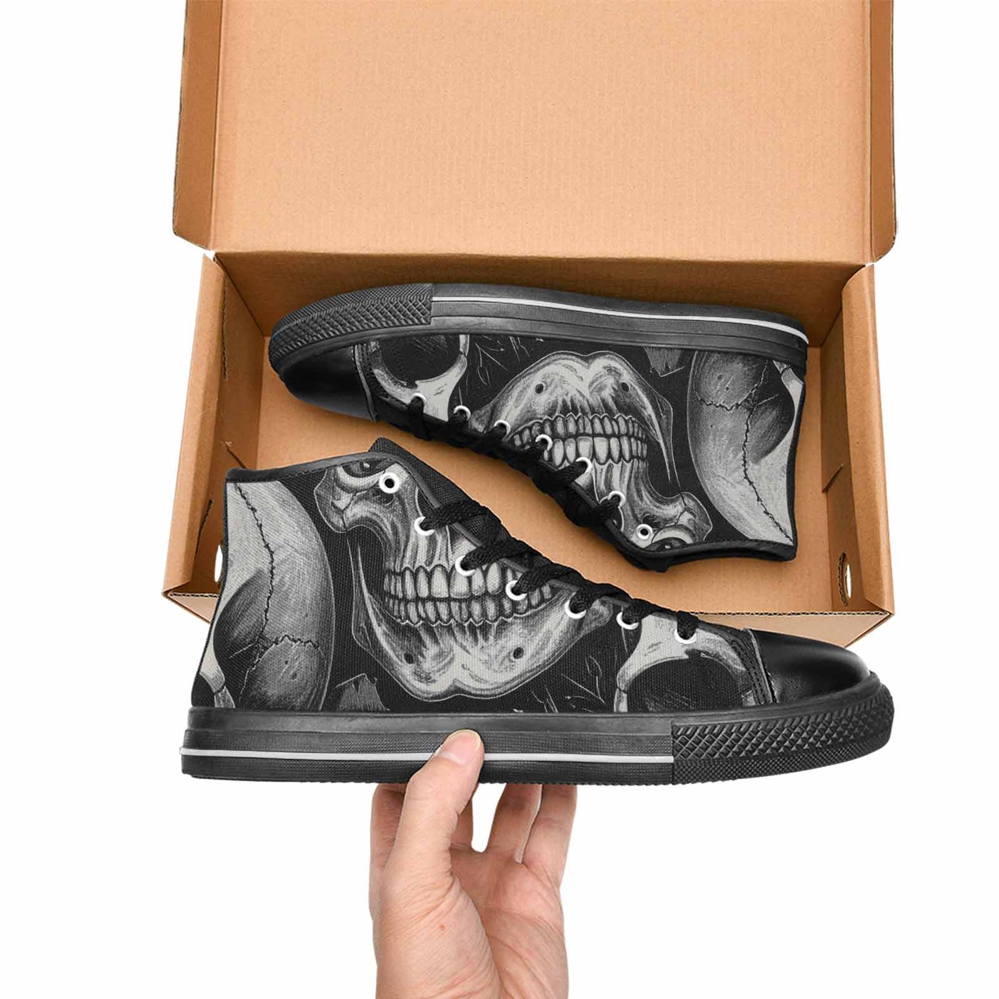 MEN'S Skulls Roses Black Ink High Top Canvas Vibrant Chaos Custom Sneakers