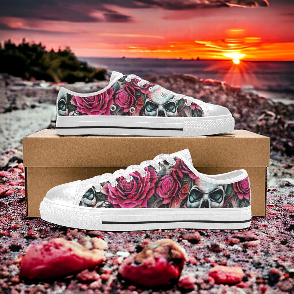 Men's Skulls Roses Deluxe high-top canvas shoes, custom full-wrap printed design — Freaky Shoes