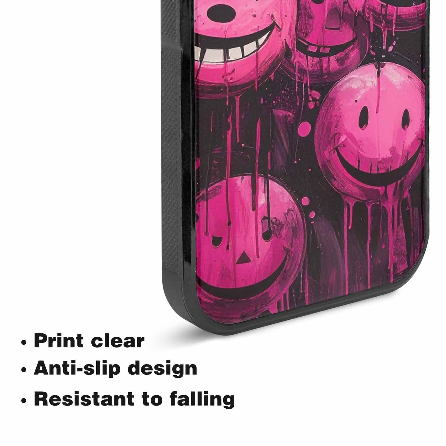 iPhone 15 Plus Case — Melting Moon Smiley Black Pink Ink, Original Design Phone Case