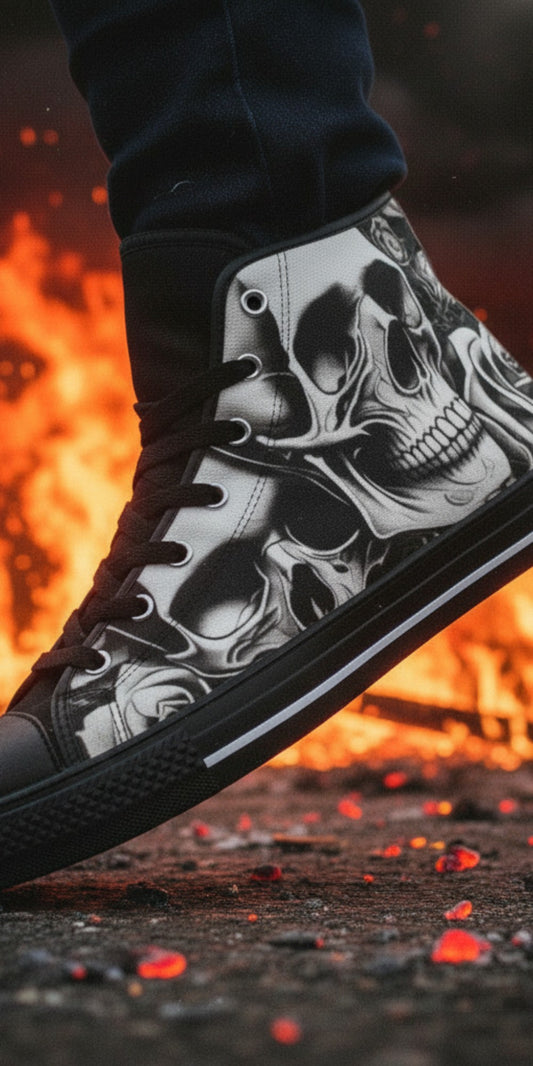 Dark Cartoon Skull & Rose Art | Men's High Top Canvas | Freaky Shoes®
