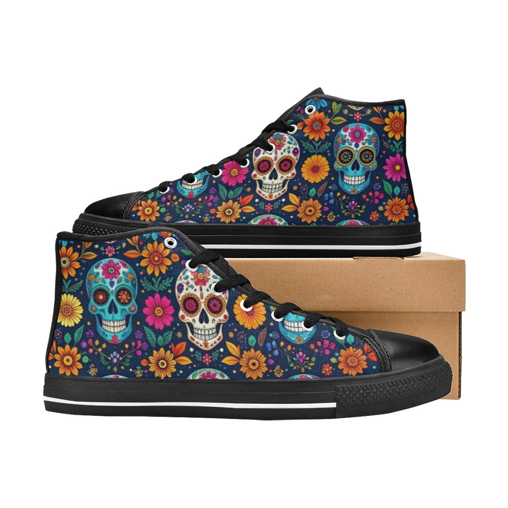 WOMEN'S Rainbow Sugar Skull Weave High Top Canvas Cottagecore Custom Sneakers