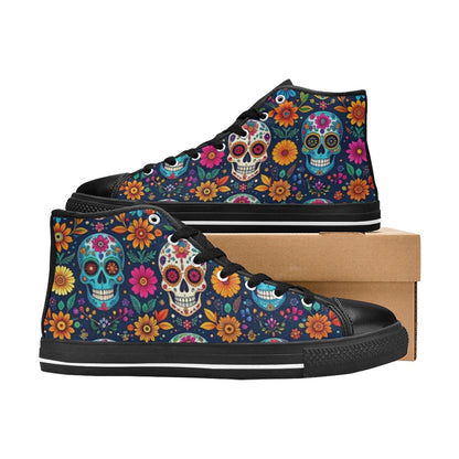 WOMEN'S Rainbow Sugar Skull Weave High Top Canvas Cottagecore Custom Sneakers