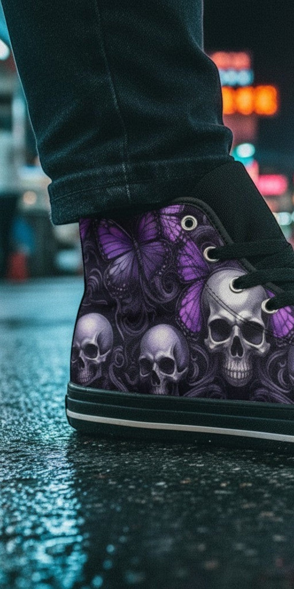 Gothic Purple Butterfly Skull Art | Men's High Top Canvas | Freaky Shoes®