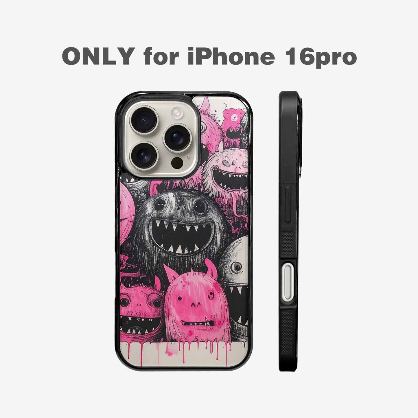iPhone 16 Pro Case — Monsters General Black Pink Ink Cartoon, Customized Protective Case