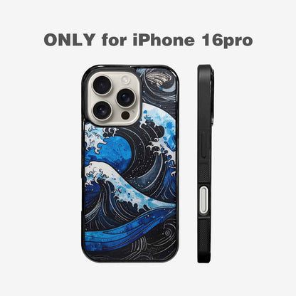 iPhone 16 Pro Case — Nautical Wave Black Blue Ink Wave, Custom Print Case Cover
