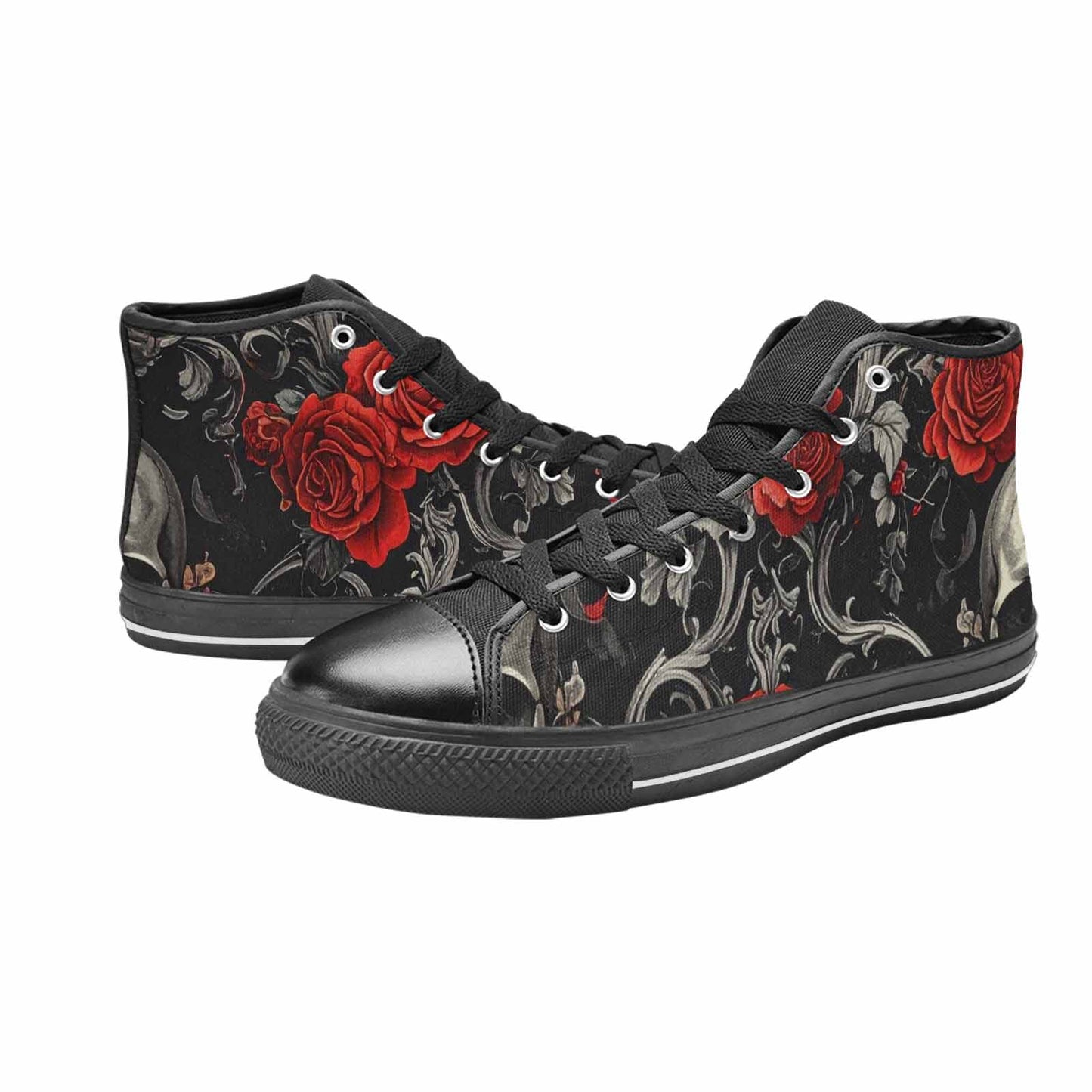 WOMEN'S Skulls Roses Fine Line High Top Canvas Neon Fantasy Shoes