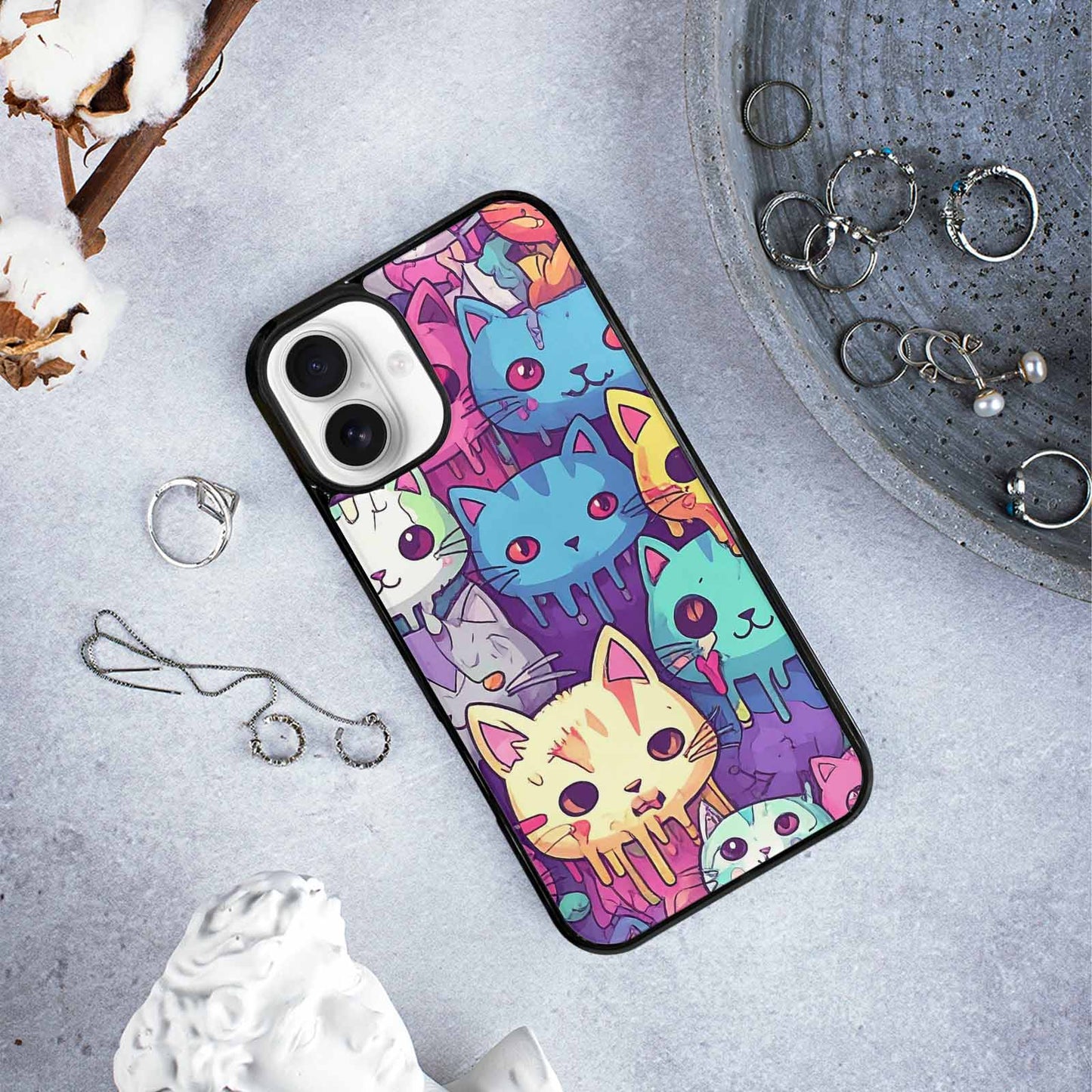 iPhone 16 Plus Case — Pastel Gore Cat Character Pattern Hundreds, Custom Art Phone Cover