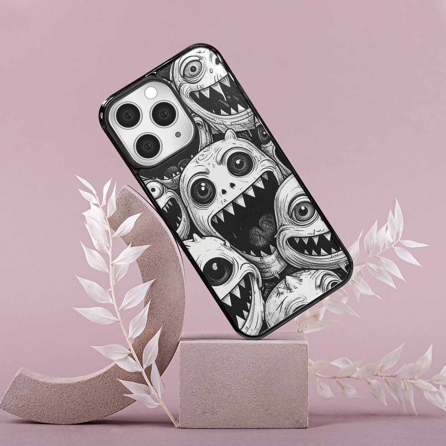 iPhone 15 Pro Max Case — Black And White Monster Face Collage, Custom Print Case Cover