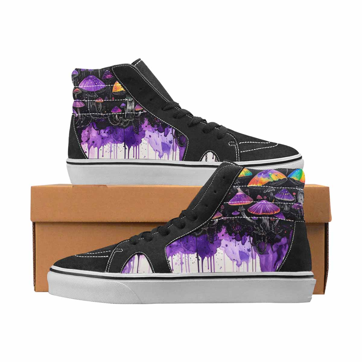 WOMEN'S Mushrooms Black & Purple Ink High Top Canvas Custom Fashion Melting Art Custom Print Sneakers