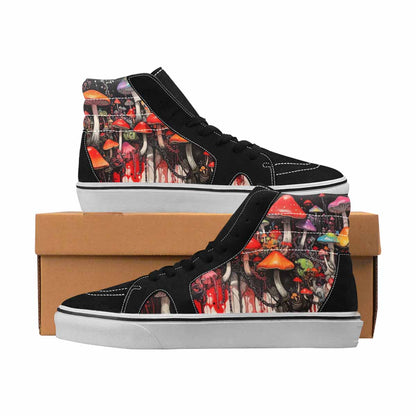 MEN'S Mushrooms Black & Red Ink High Top Canvas Custom Design Neon Fantasy Custom Art Shoes