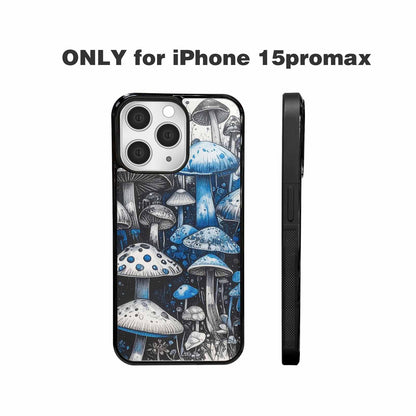 iPhone 15 Pro Max Case — Mushrooms General Black Blue Ink Mushrooms, Personalized Phone Case