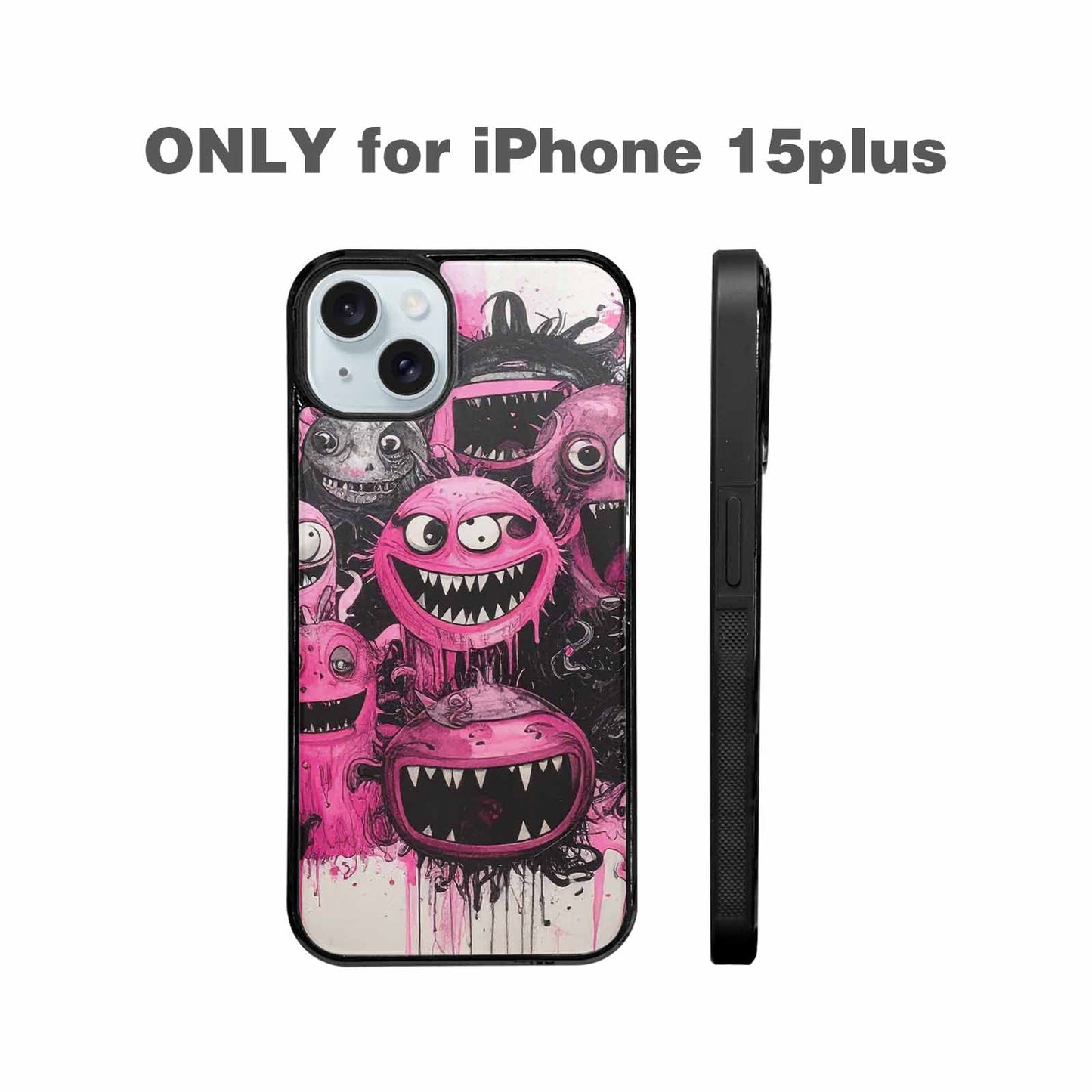 iPhone 15 Plus Case — Monsters General Black Pink Ink Cartoon, Custom Art Phone Cover