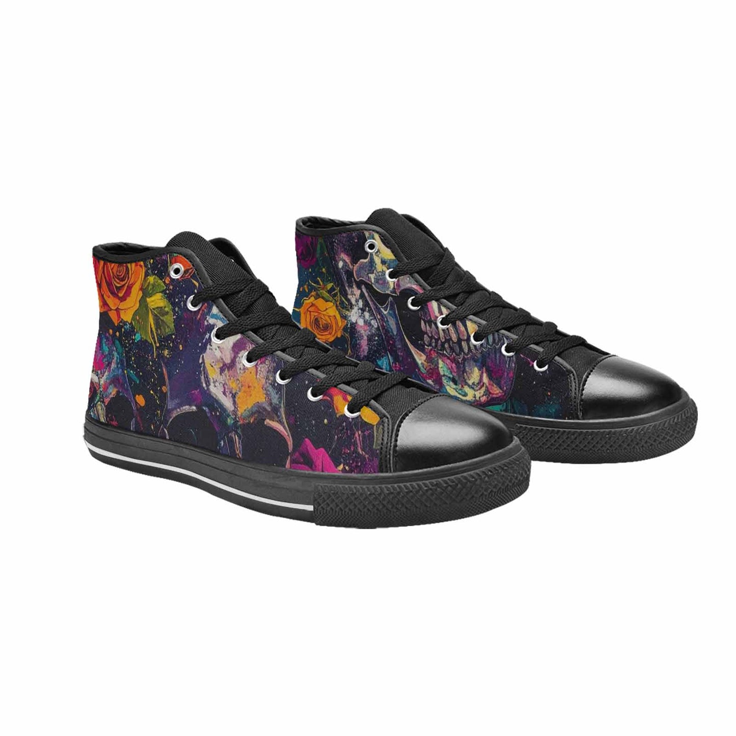 WOMEN'S Skulls Roses Acid Wash High Top Canvas Neon Fantasy Custom Sneakers