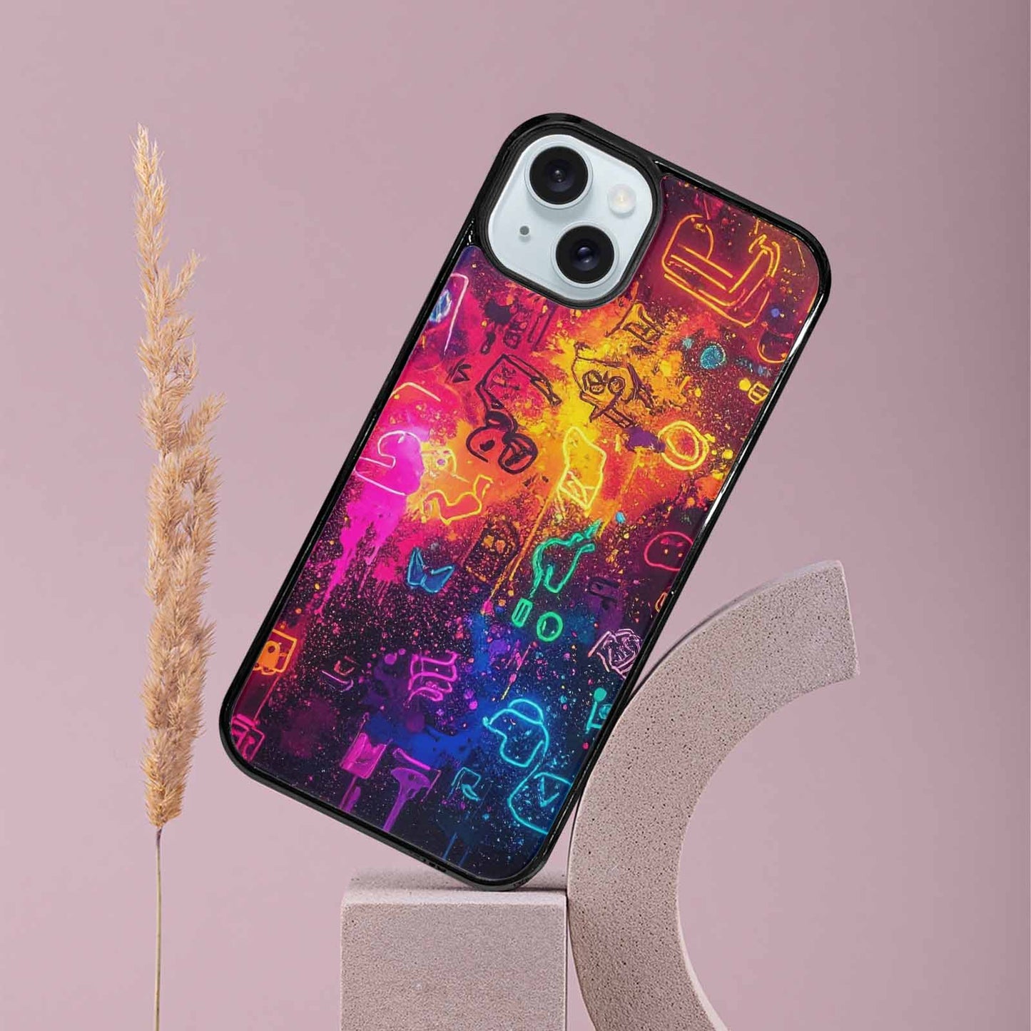 iPhone 15 Plus Case — Neon Glow Outline Icon Pattern Hundreds, Unique Phone Case Design