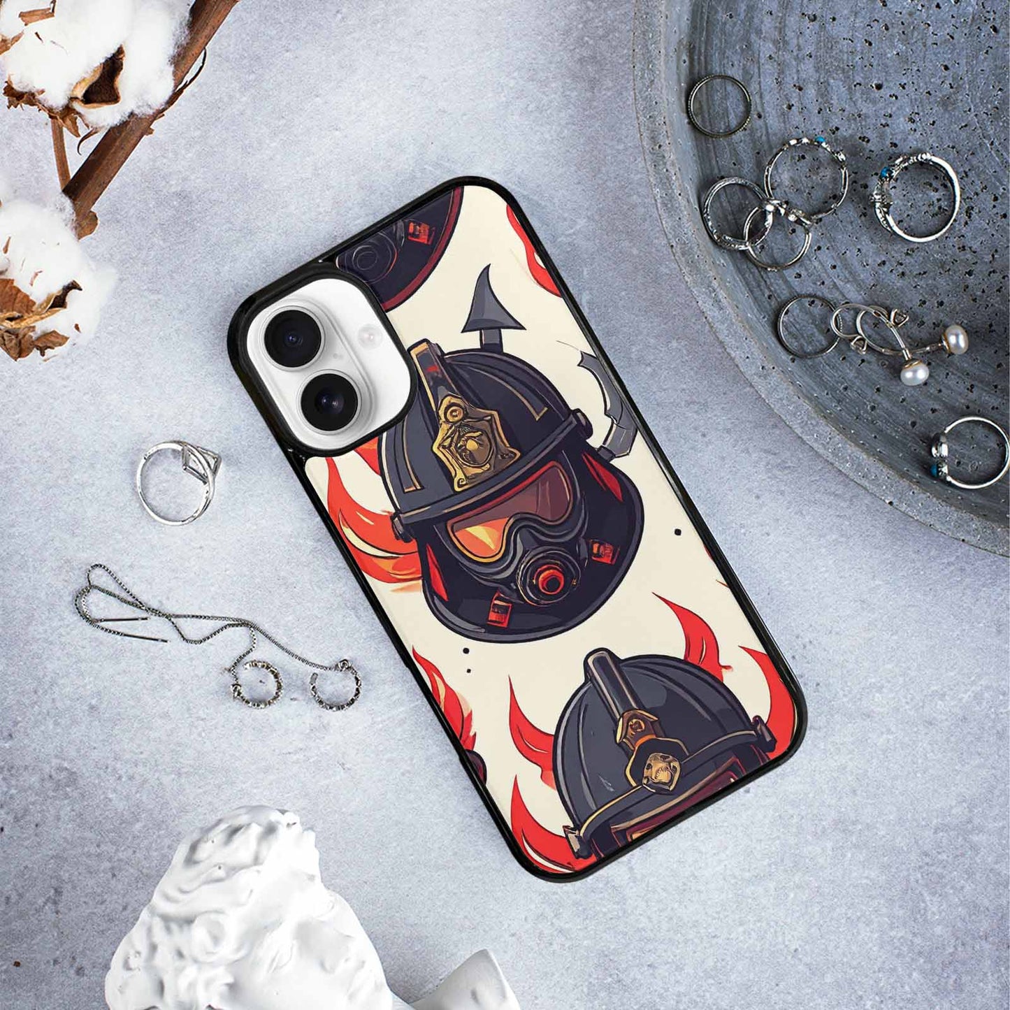 iPhone 16 Plus Case — Firefighter Pattern Flames Axes Helmets Seamless, Unique Phone Case Design