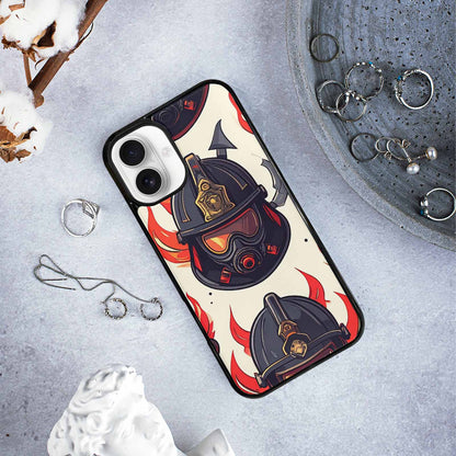 iPhone 16 Plus Case — Firefighter Pattern Flames Axes Helmets Seamless, Unique Phone Case Design