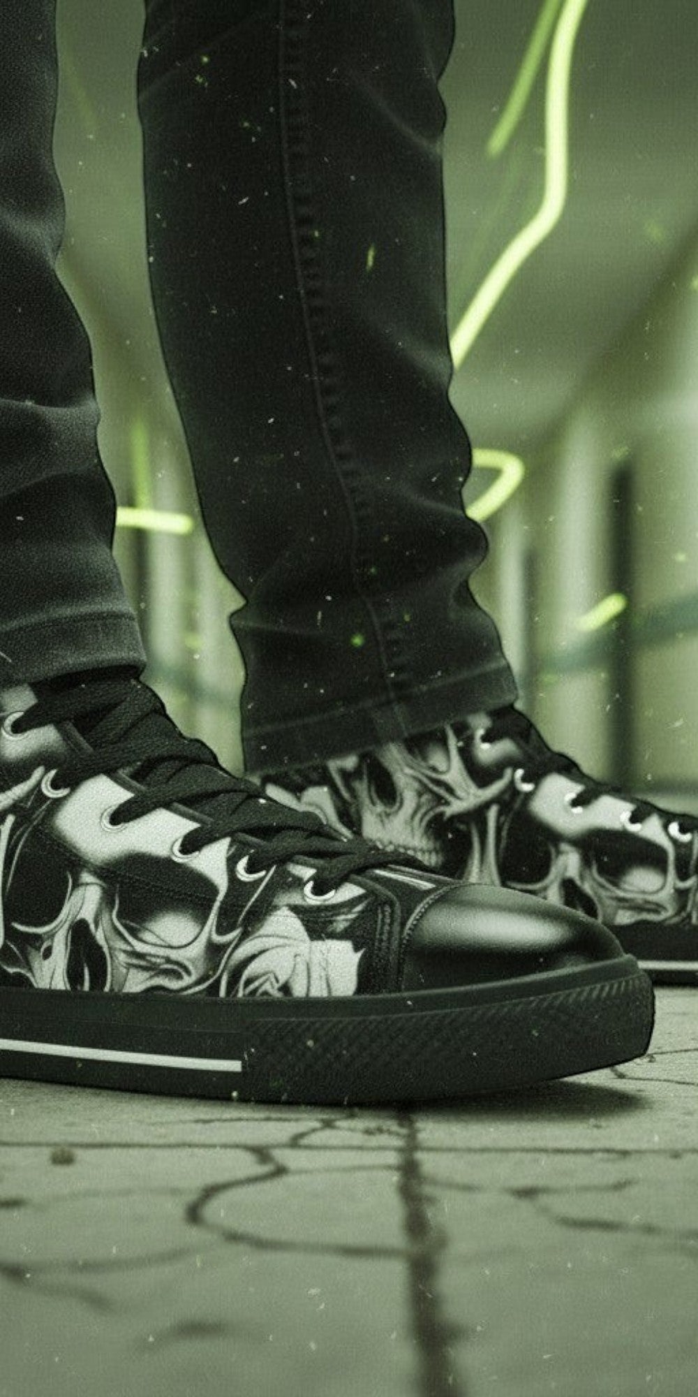 Men's Cartoon Skulls & Roses high-top canvas shoes, custom full-wrap printed design — Freaky Shoes