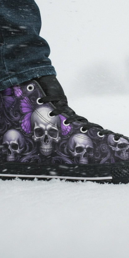 Gothic Purple Butterfly Skull Art | Men's High Top Canvas | Freaky Shoes®