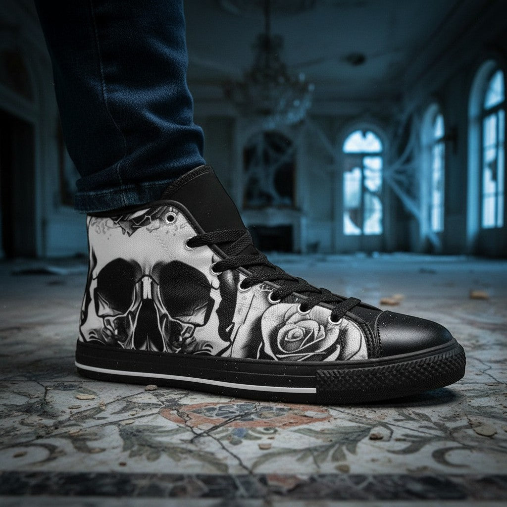 Women's Grey Skull & Roses Black & White custom high-top canvas shoes — wearable art by Freaky Shoes