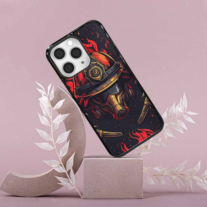 iPhone 15 Pro Max Case — Firefighter Pattern Flames Axes Helmets Seamless, Custom Made Phone Cover