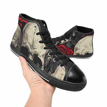 MEN'S Skulls Roses Bold Pen Ink High Top Canvas Grunge Custom Sneakers