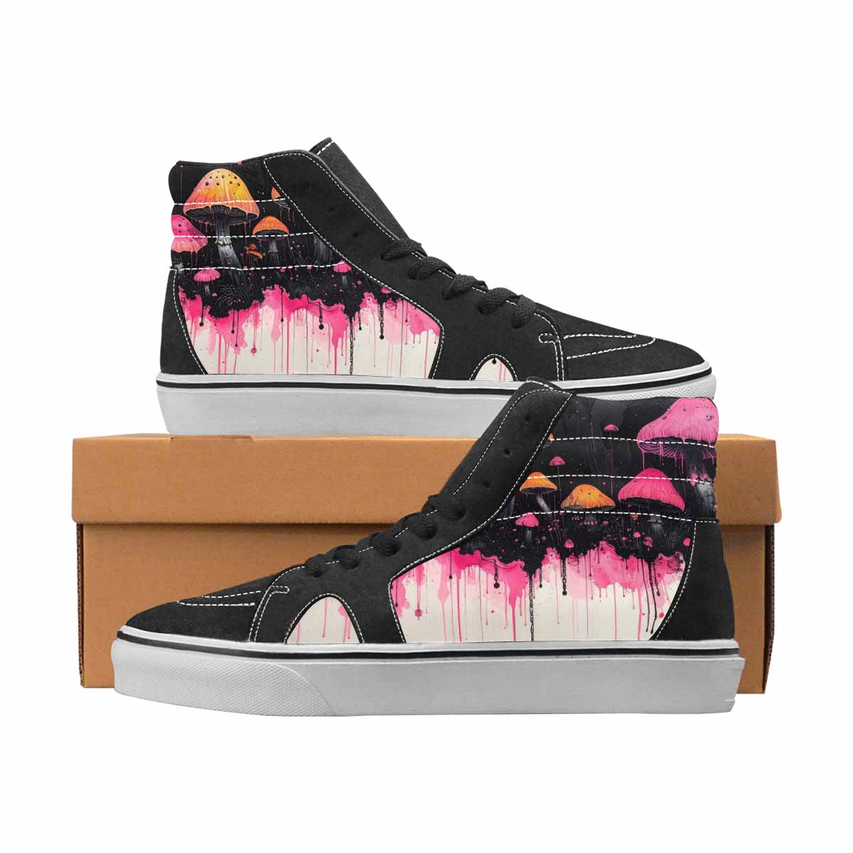 WOMEN'S Mushrooms Black & Pink Ink High Top Canvas Boutique Aesthetic Custom Sneakers