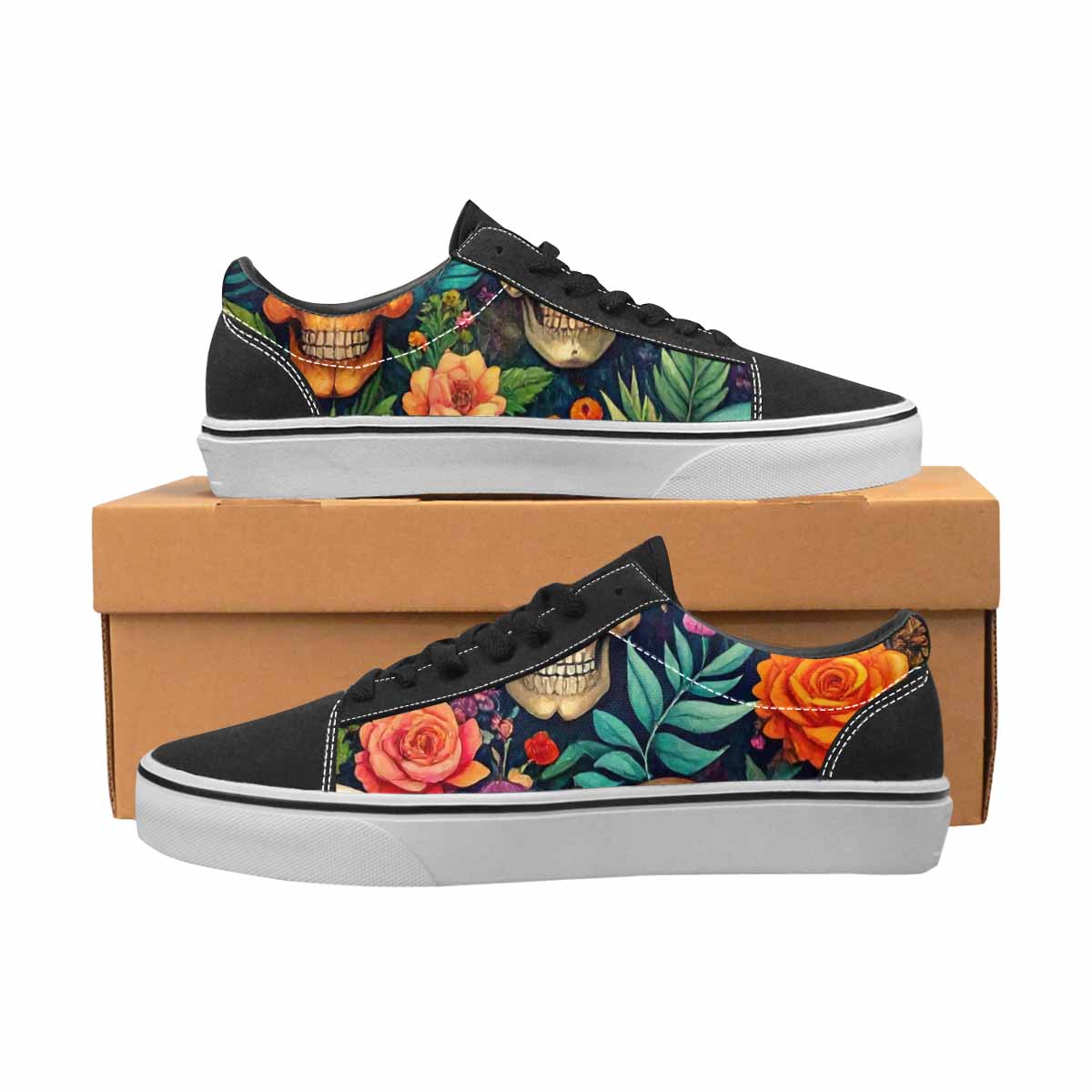 WOMEN'S Skulls  Botanical Skulls Lace-Up Canvas Kaleidoscope Custom Sneakers