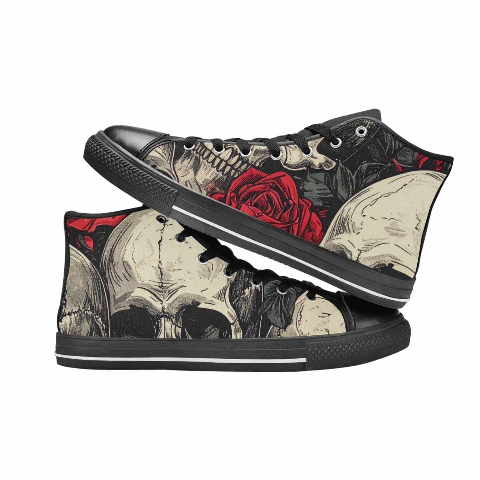 WOMEN'S Skulls Roses Bold Pen Ink High Top Canvas Wallpaper Art Sneakers