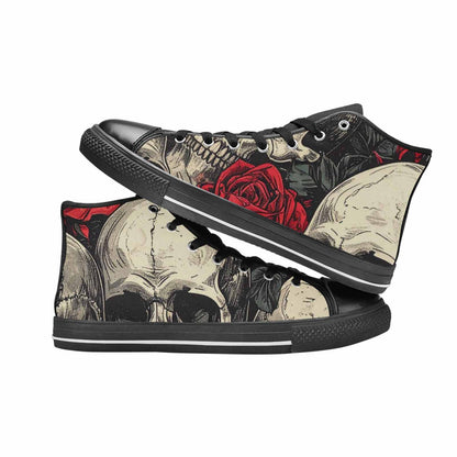 WOMEN'S Skulls Roses Bold Pen Ink High Top Canvas Wallpaper Art Sneakers