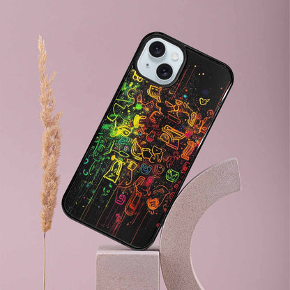 iPhone 15 Plus Case — Neon Glow Outline Icon Pattern Hundreds, Personalized Phone Case