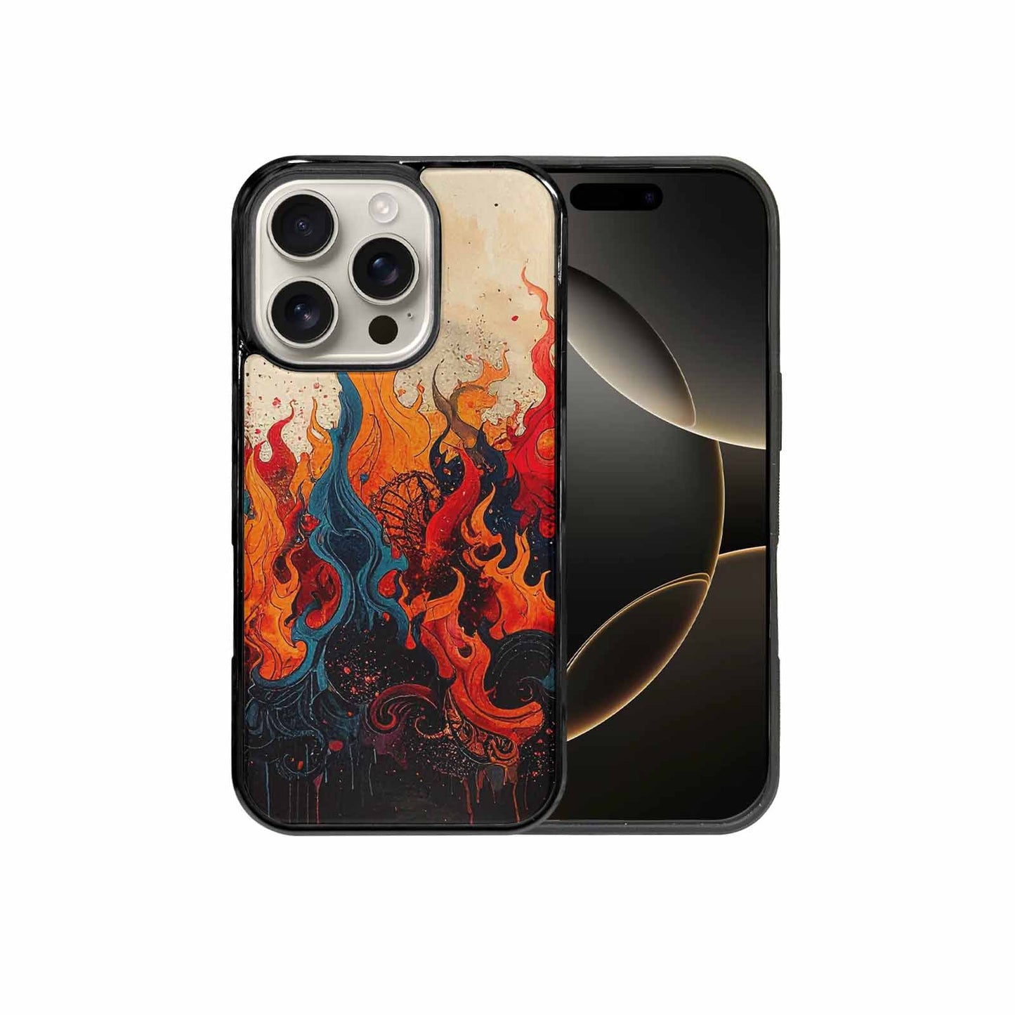 iPhone 16 Pro Case — Flame Burst Black Red Ink Flame, Custom Art Phone Cover