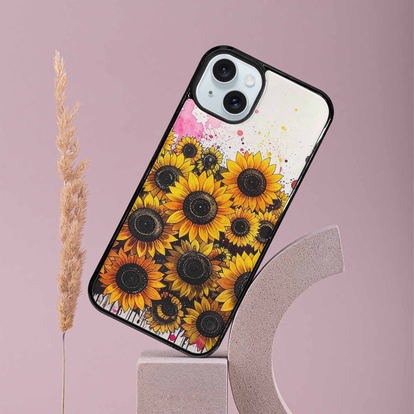 iPhone 15 Plus Case — Sunflower Burst Black Pink Ink Sunflowers, Personalized Phone Case