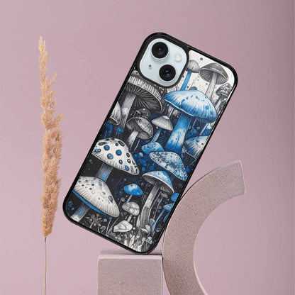 iPhone 15 Plus Case — Mushrooms General Black Blue Ink Mushrooms, Custom Printed Phone Case
