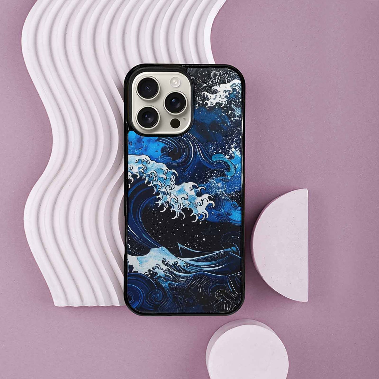 iPhone 16 Pro Max Case — Nautical Wave Black Blue Ink Wave, Custom Print Case Cover