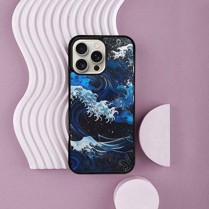 iPhone 16 Pro Max Case — Nautical Wave Black Blue Ink Wave, Custom Print Case Cover