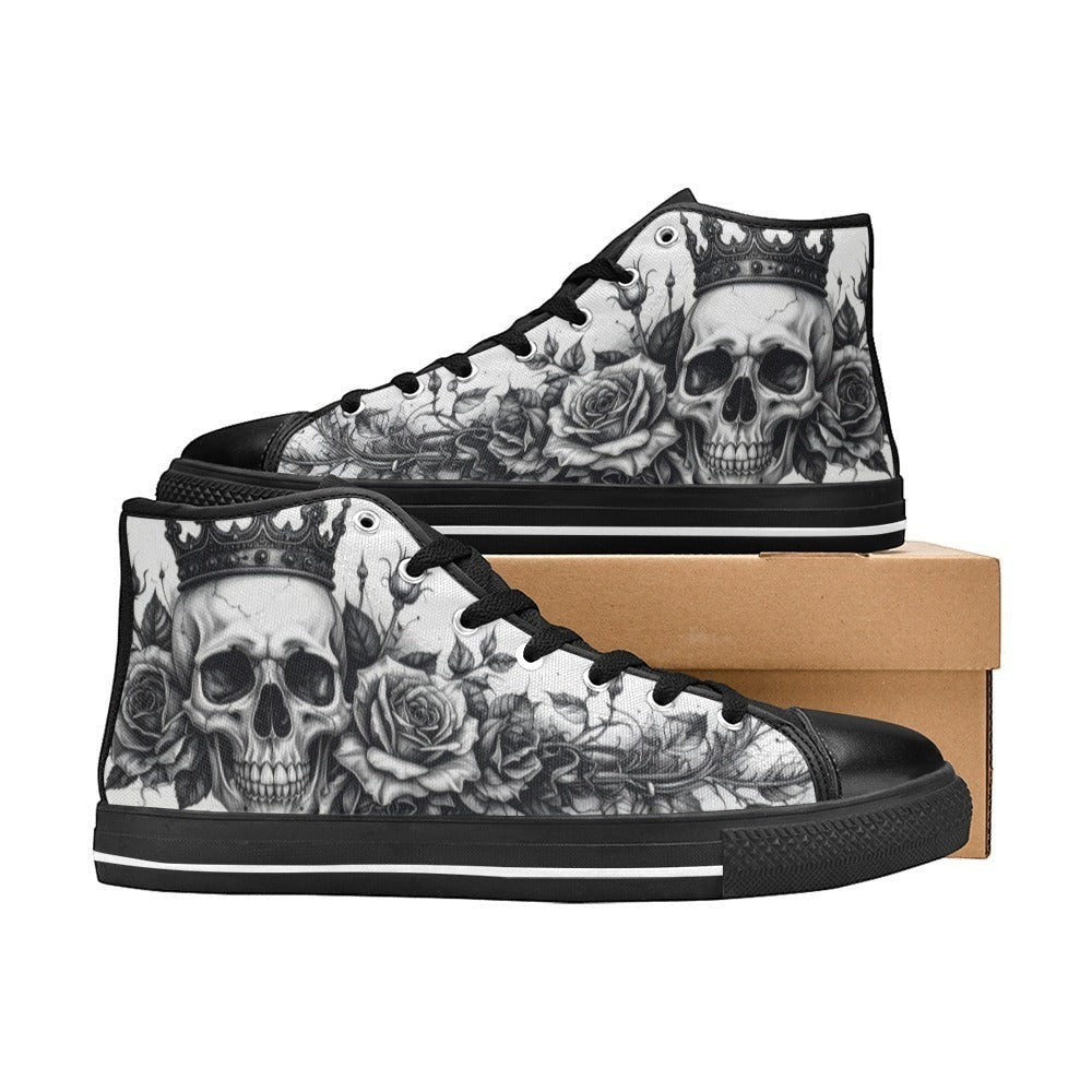 Freaky Shoes custom art sneakers with skull and rose tattoo-style art, made to order
