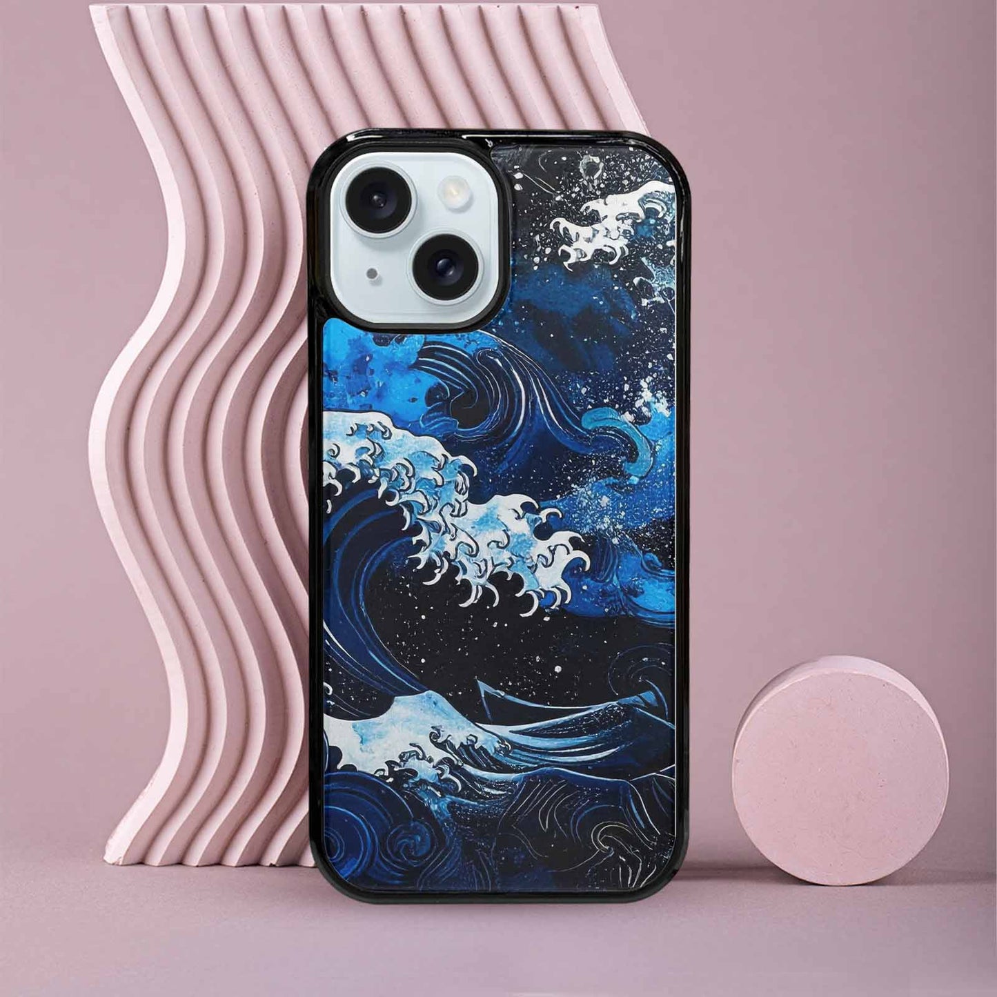 iPhone 15 Case — Nautical Wave Black Blue Ink Wave, Original Design Phone Case