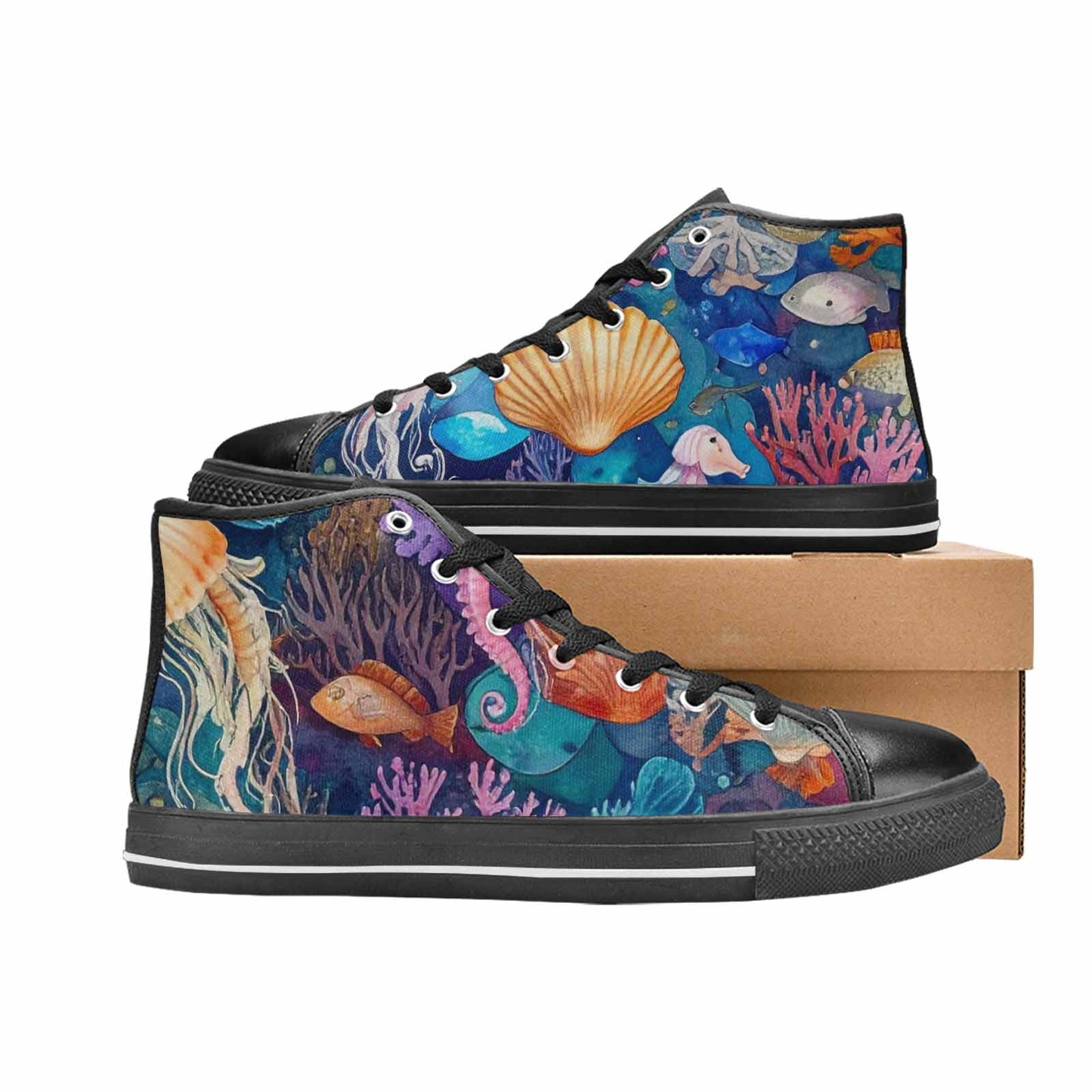 WOMEN'S Fish Scale Coral High Top Canvas Grunge Custom Sneakers