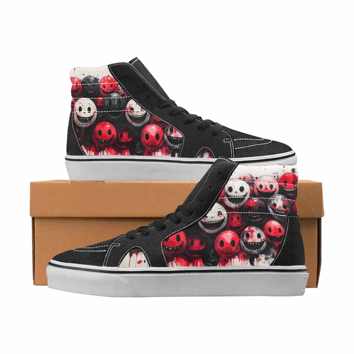 WOMEN'S Smiley Face Black & Red Ink High Top Canvas Graphic Print Cottagecore Custom Streetwear Shoes