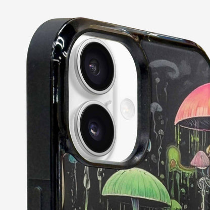 iPhone 16 Plus Case — Rainbow Drip Mushrooms Black Green Ink, Custom Print Case Cover
