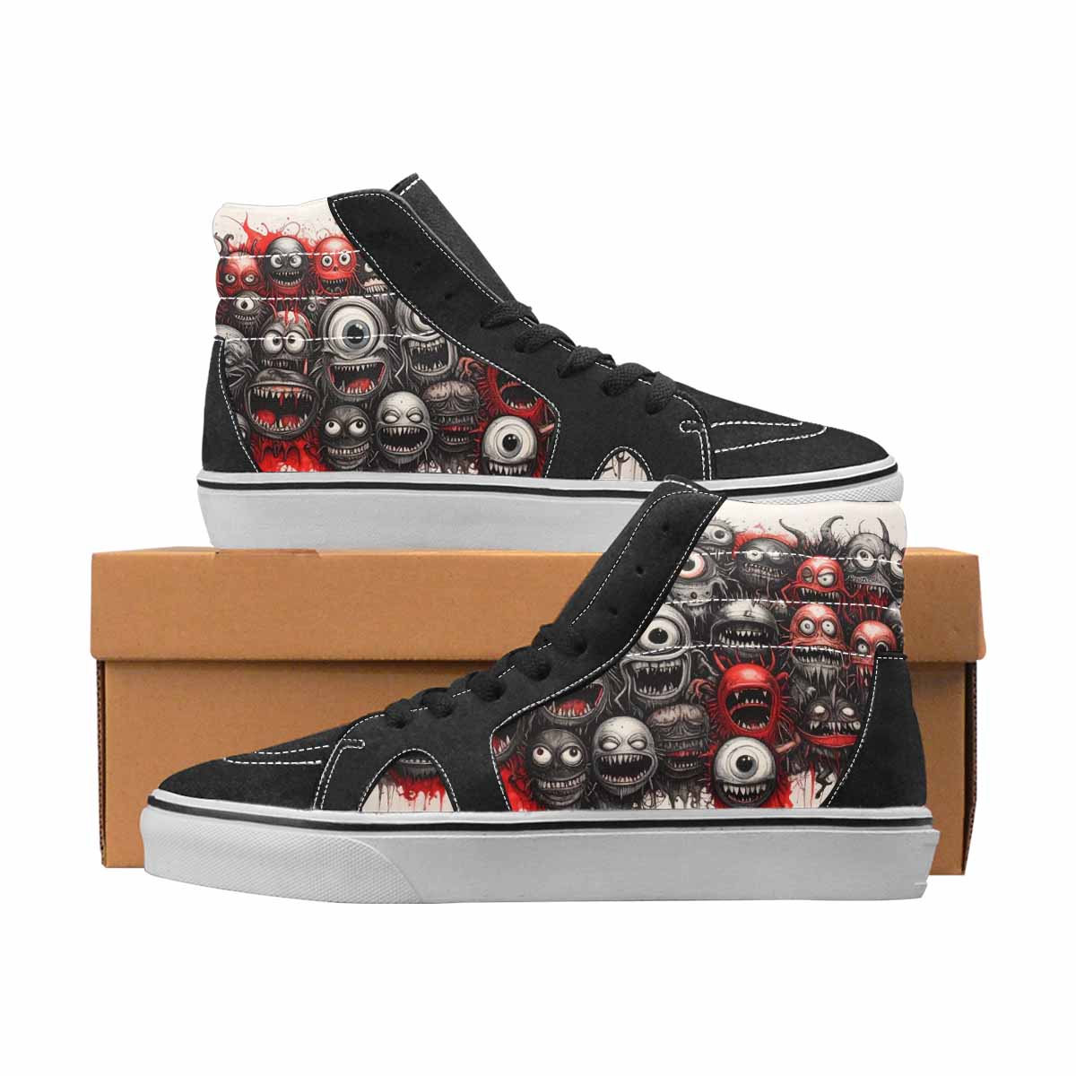 WOMEN'S Monsters Black & Red Ink High Top Canvas Custom Design Aesthetic Custom Printed Shoes